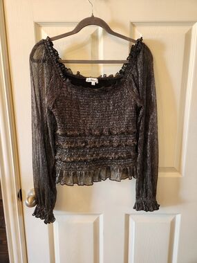 Sam Edelman Women’s Black Metallic Romantic Goth Night Out Ruffle Smocked Top, M
